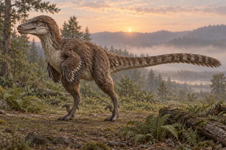 Illustrative reconstruction of Achillobator giganticus; covering, colors and unpreserved anatomy are hypotheses.
