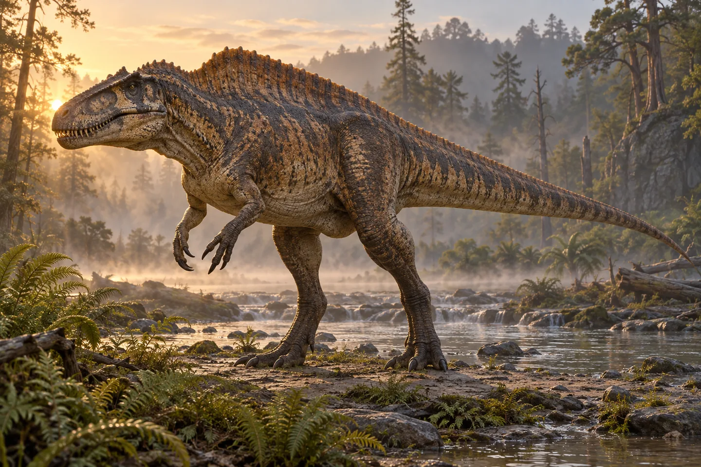 Original cinematic Acrocanthosaurus picture: Cinematic Acrocanthosaurus with tall neural spines forming a raised back profile and three-clawed arms; outer ridge tissues and colors are artistic.