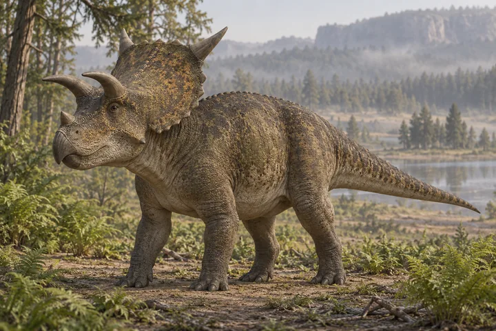 Illustrative reconstruction of Agujaceratops; colors, soft tissues and missing anatomy remain interpretive.