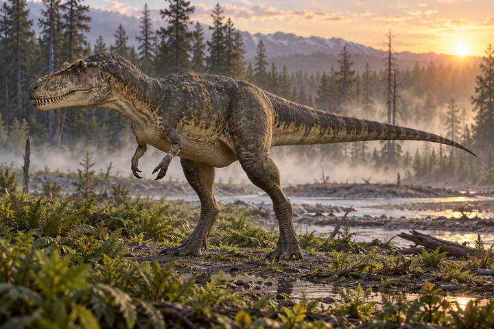 Full-body movie-style Albertosaurus in a dramatic prehistoric landscape; Original artwork.