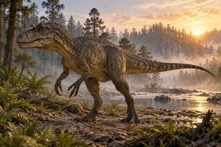 Full-body movie-style Allosaurus in a dramatic prehistoric landscape; Original artwork.