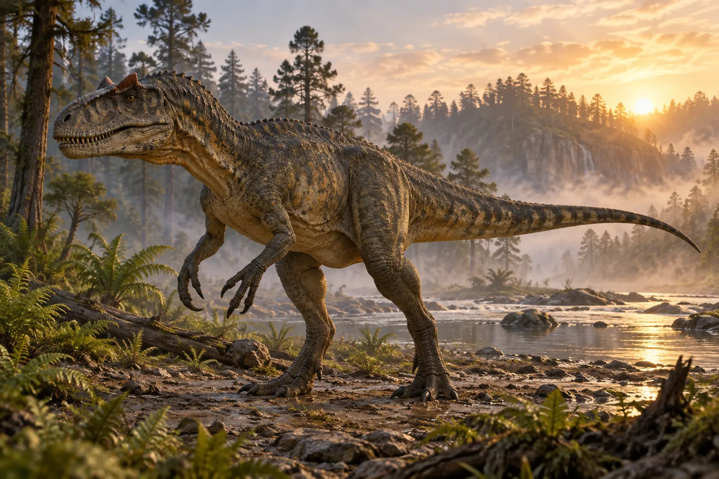 Original cinematic Allosaurus picture: Cinematic Allosaurus with a long balanced tail, three-fingered forelimbs and small eye horns; color and skin details are artistic.