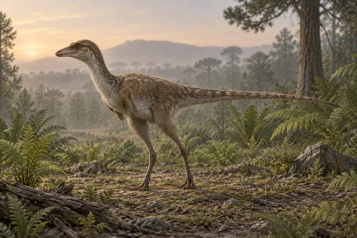 Illustrative reconstruction of Alvarezsaurus calvoi; covering, colors and unpreserved anatomy are hypotheses.
