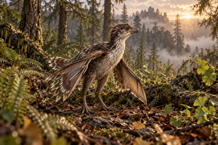 Illustrative reconstruction of Ambopteryx longibrachium; missing anatomy, pose and colors are hypotheses.