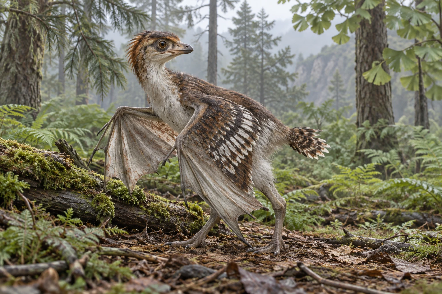 Illustrative life reconstruction of Ambopteryx in a period-appropriate environment; coloration and missing anatomy are interpretations.