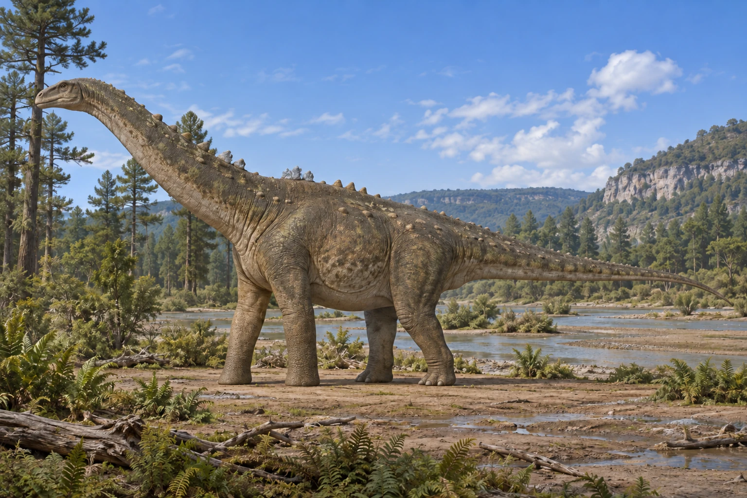 Illustrative life reconstruction of Ampelosaurus in a period-appropriate environment; coloration and missing anatomy are interpretations.