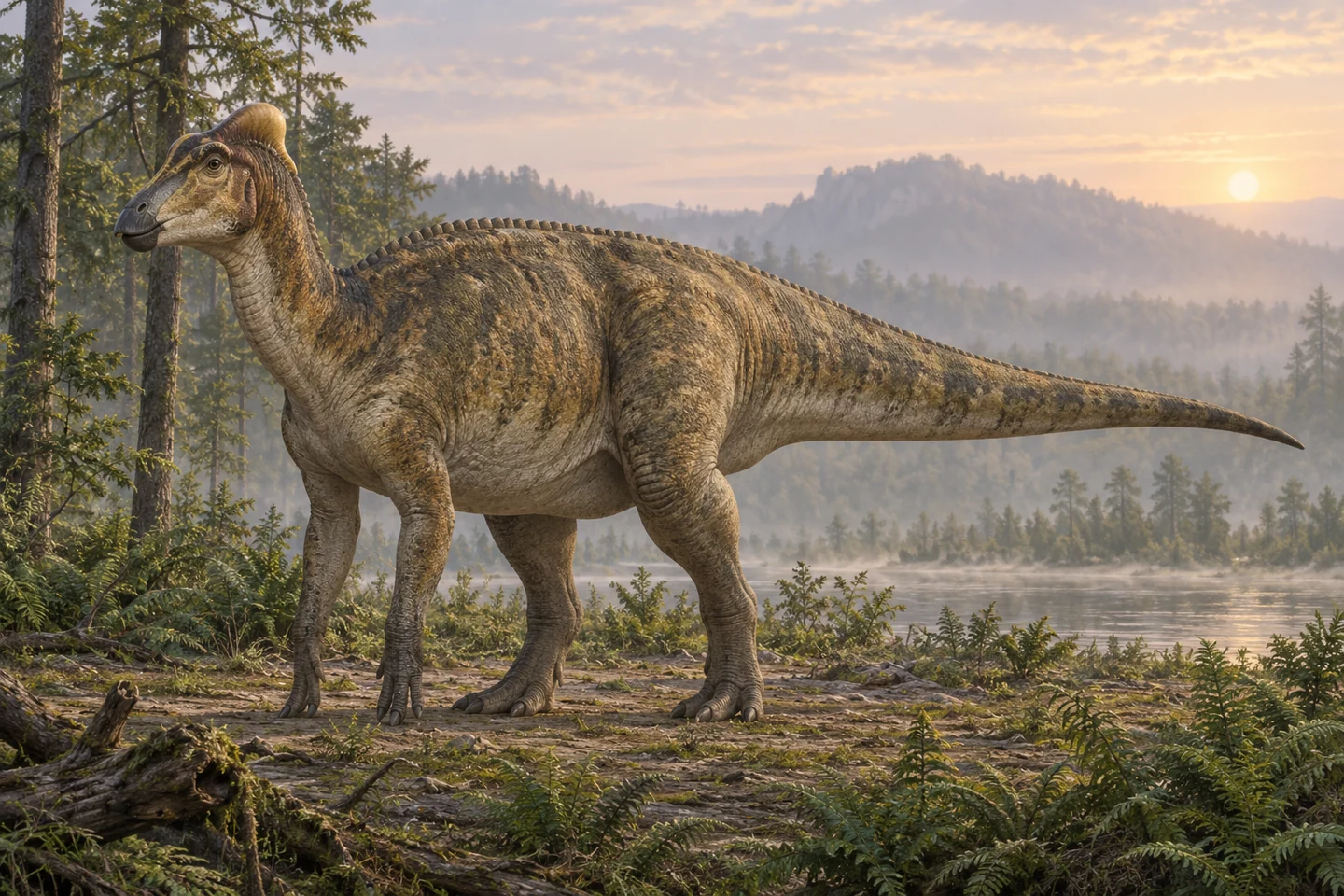 Illustrative reconstruction of Amurosaurus; colors, soft tissues and restored details remain interpretive.