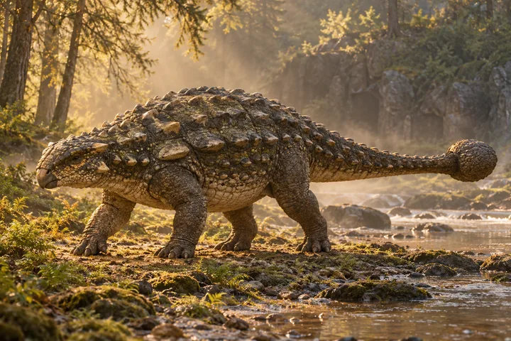 Full-body movie-style Ankylosaurus in a dramatic prehistoric landscape; Original artwork.