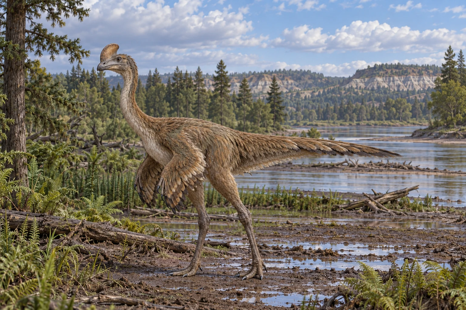 Illustrative life reconstruction of Anzu in a period-appropriate environment; coloration and missing anatomy are interpretations.