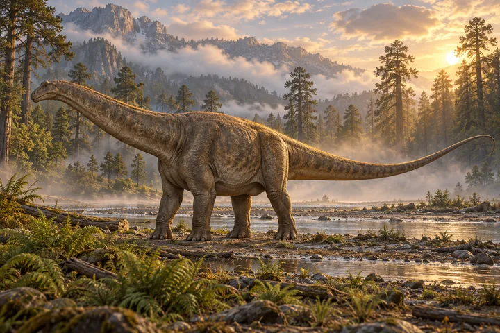 Full-body movie-style Apatosaurus in a dramatic prehistoric landscape; Original artwork.