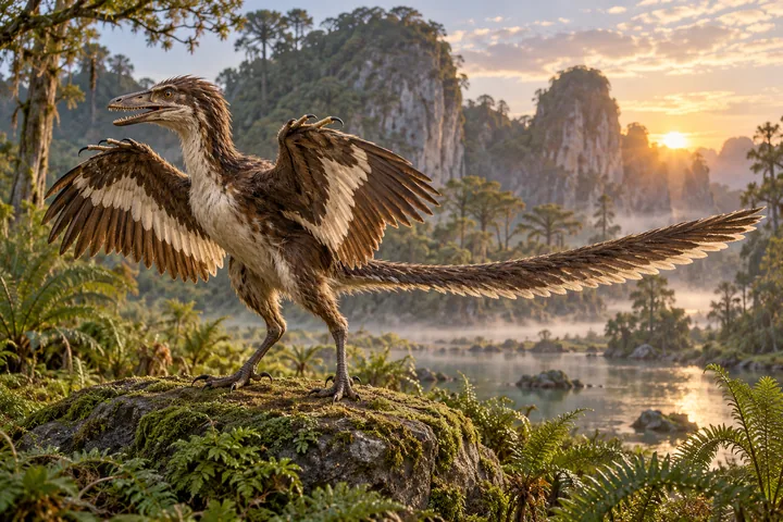 Full-body movie-style Archaeopteryx in a dramatic prehistoric landscape; Original artwork.