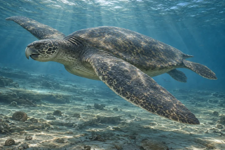 Artistic reconstruction of Archelon in a marine setting; colors and shell covering are interpretations.