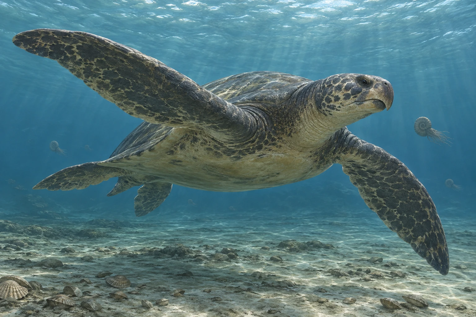 Illustrative life reconstruction of Archelon in a period-appropriate environment; coloration and missing anatomy are interpretations.