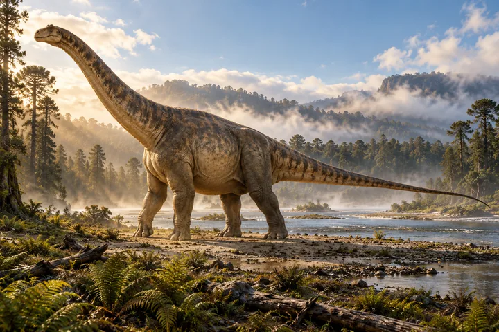 Full-body movie-style Argentinosaurus in a dramatic prehistoric landscape; Original artwork.