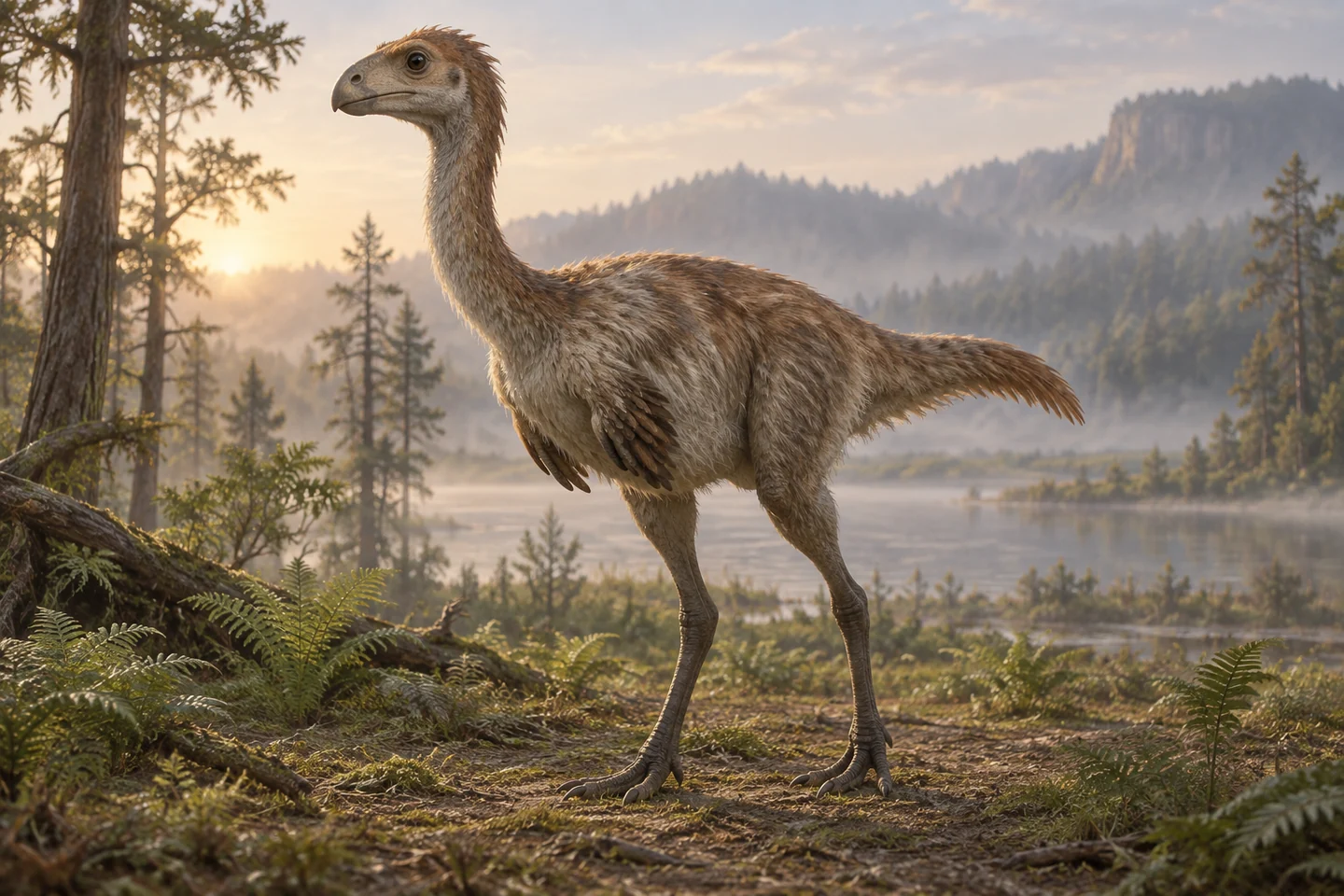 Illustrative reconstruction of Avimimus portentosus; restored covering and colors are scenarios.