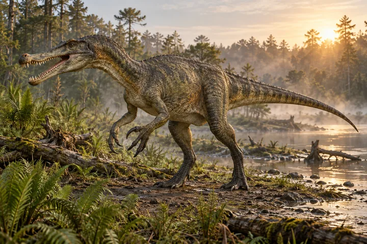 Full-body movie-style Baryonyx in a dramatic prehistoric landscape; Original artwork.