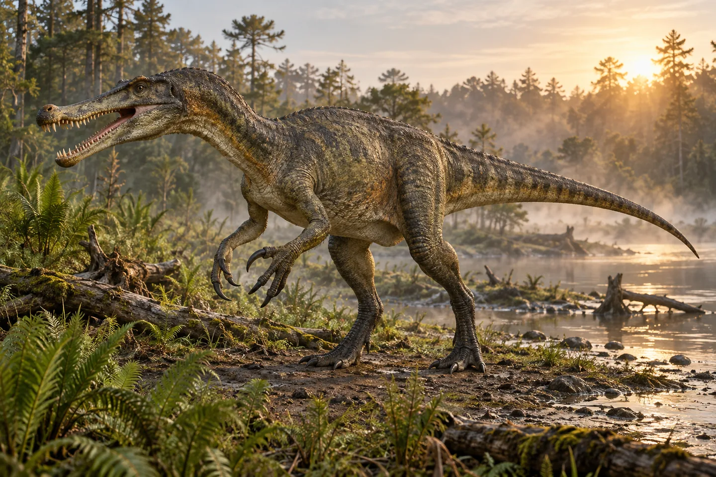 Original cinematic Baryonyx picture: Cinematic Baryonyx with an elongated crocodile-like head and enlarged thumb claws; keep strong forelimbs and artistic coloring.
