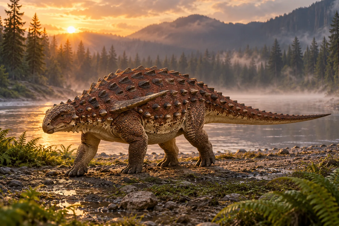 Original cinematic Borealopelta picture: Cinematic broad armoured nodosaur inspired by the three-dimensional fossil; subdued reddish-brown back and lighter underside labelled reconstructed, with skin and armour emphasized.