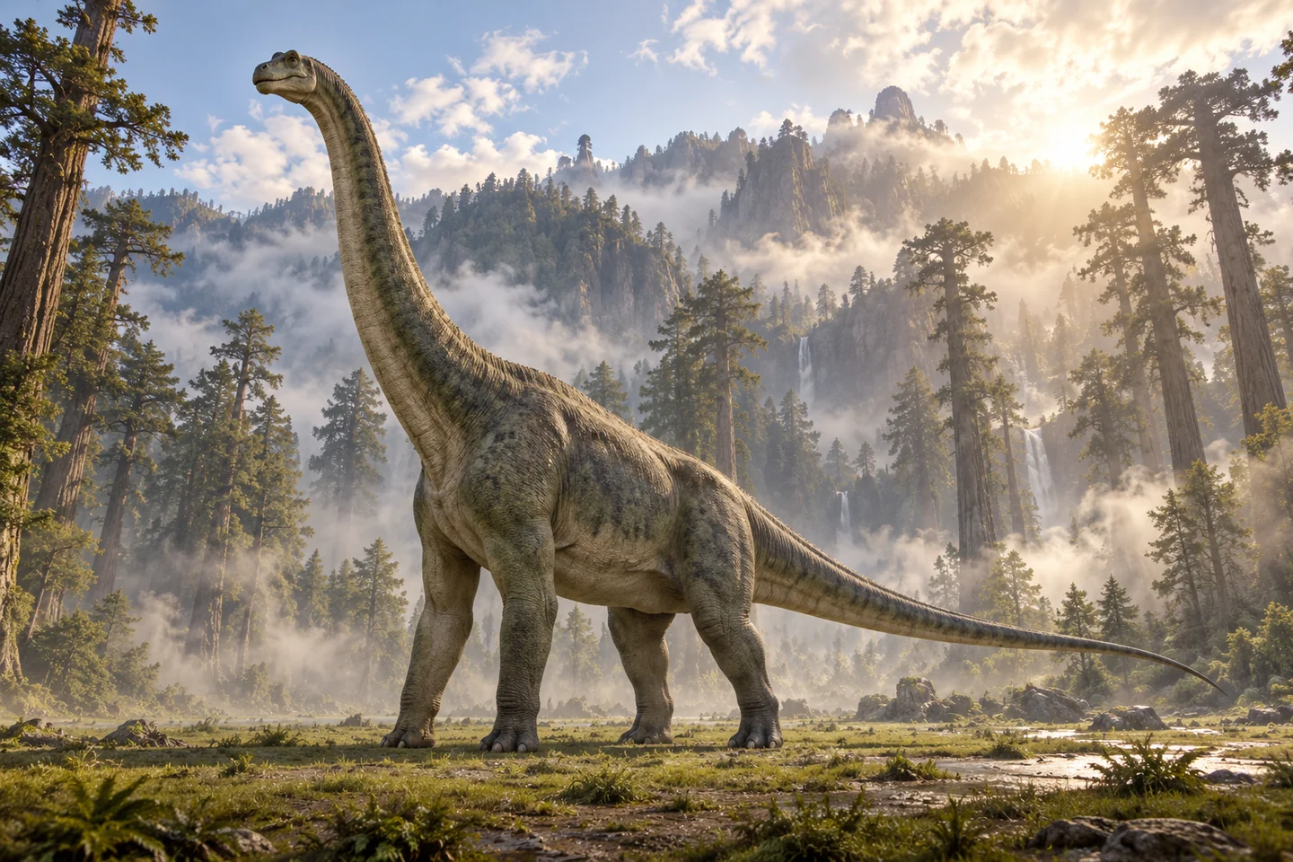 Long-necked Brachiosaurus standing on four legs in a misty conifer valley, with high shoulders and its head above the trees.