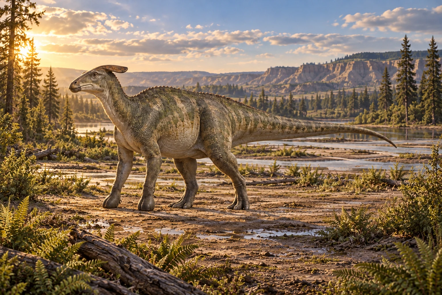 Illustrative reconstruction of Brachylophosaurus canadensis; missing anatomy, pose, skin and colors are hypotheses.