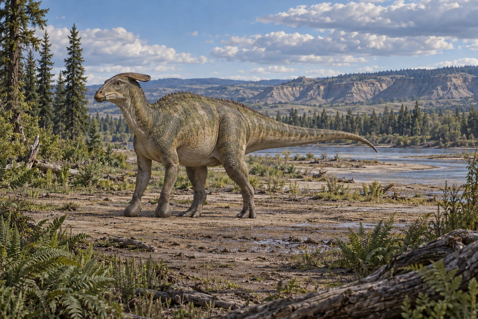 Illustrative life reconstruction of Brachylophosaurus in a period-appropriate environment; coloration and missing anatomy are interpretations.