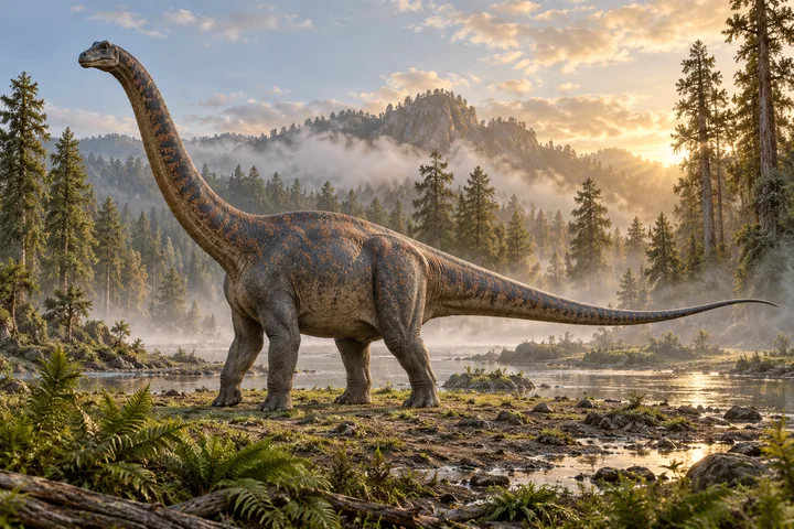 Full-body movie-style Brontosaurus in a dramatic prehistoric landscape; Original artwork.