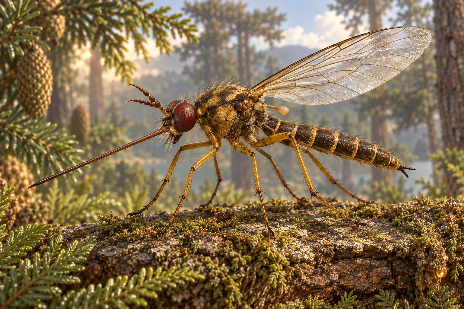 Source-informed Buccinatormyia magnifica restoration with a straight proboscis and one wing pair; precise colors are conjectural.