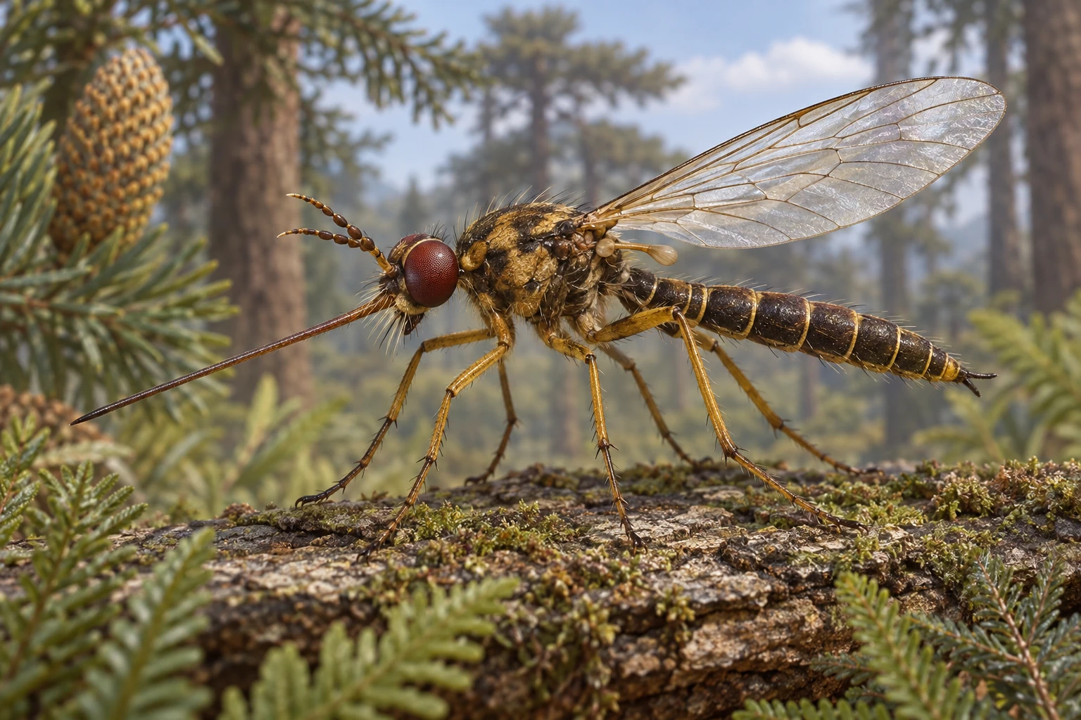 Illustrative life reconstruction of Buccinatormyia in a period-appropriate environment; coloration and missing anatomy are interpretations.
