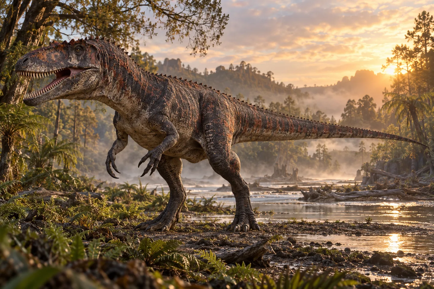 Original cinematic Carcharodontosaurus picture: Cinematic Carcharodontosaurus with a large elongated head and flesh-cutting teeth; color, texture and display details remain artistic.