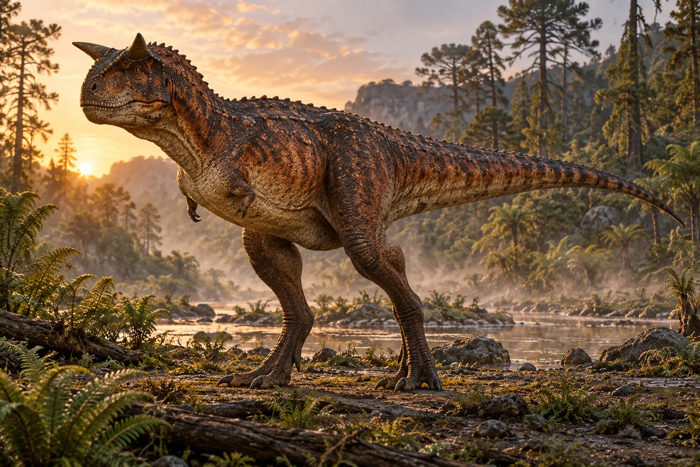 Original cinematic Carnotaurus picture: Cinematic Carnotaurus with paired brow horns, a short deep head and tiny forelimbs; irregular large scales accent its skin, with artistic color.