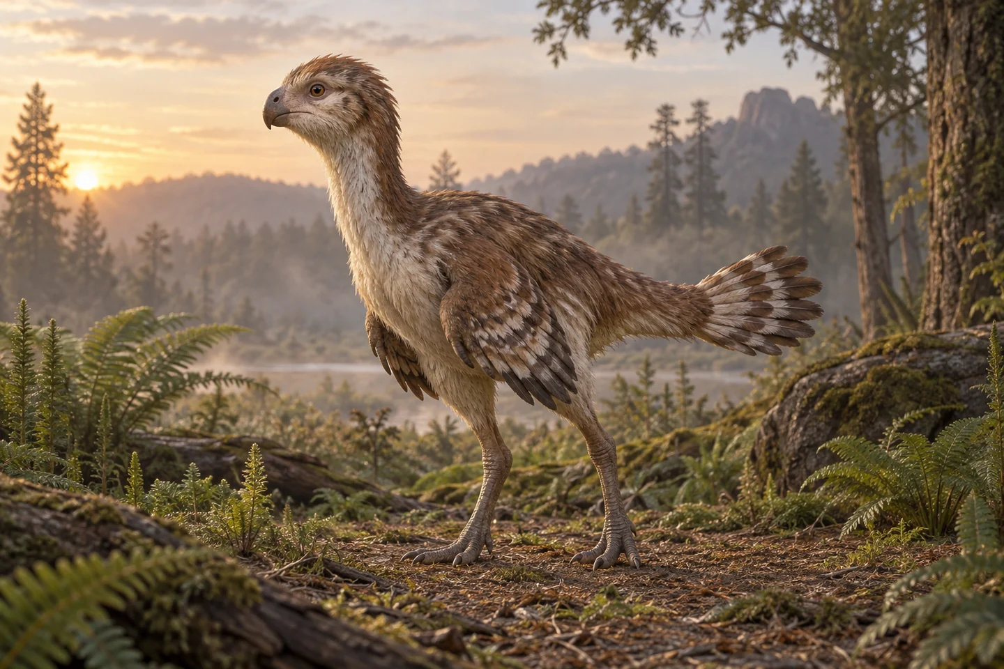 Illustrative reconstruction of Caudipteryx zoui; restored covering and colors are scenarios.