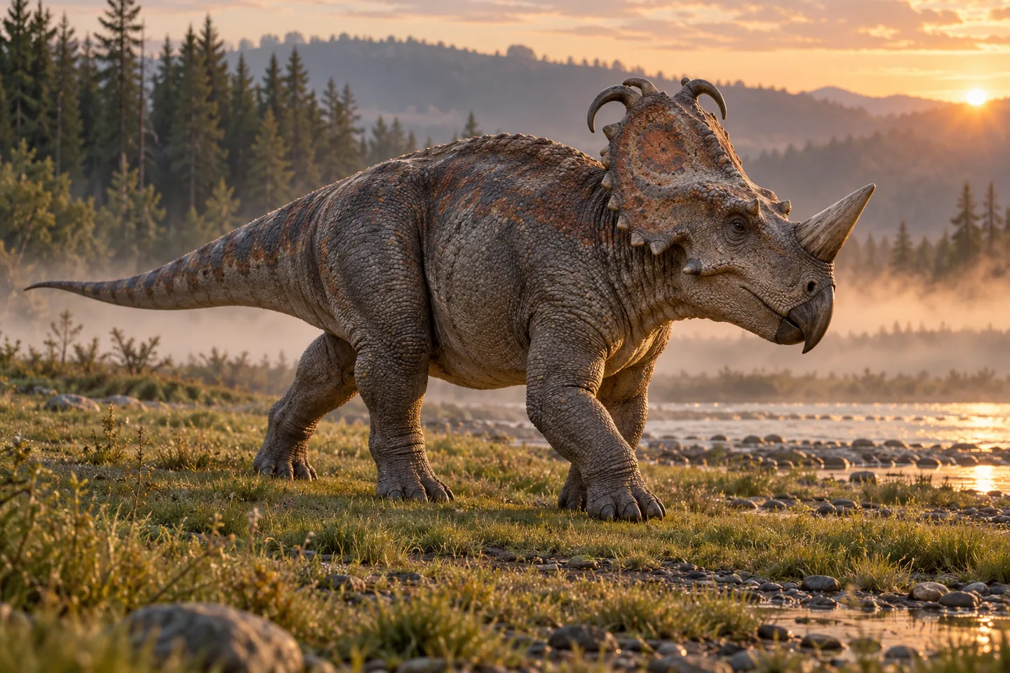 Original cinematic Centrosaurus picture: Cinematic Centrosaurus, heavy quadrupedal herbivore with one prominent nasal horn, beak and compact ornamented frill; steady full-body stance on a coastal plain.