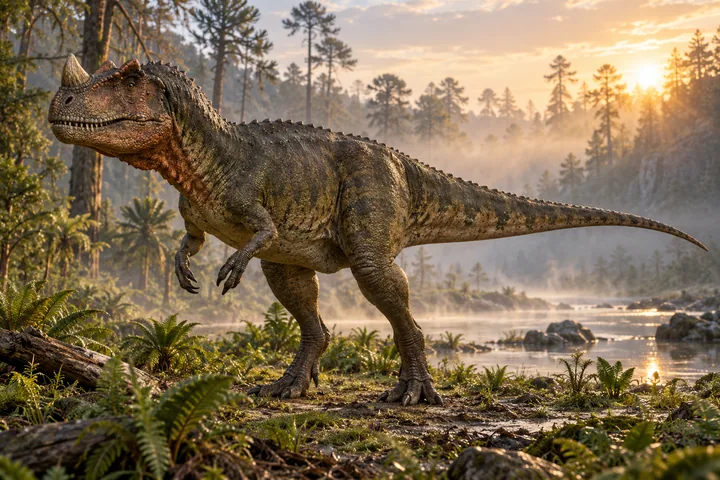 Full-body movie-style Ceratosaurus in a dramatic prehistoric landscape; Original artwork.
