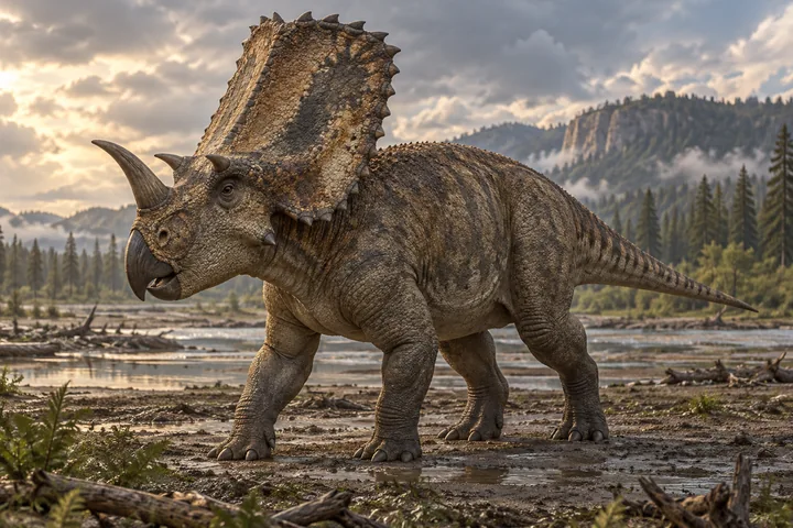 Illustrative reconstruction of Chasmosaurus with a long neck frill, nasal horn and four supporting legs.