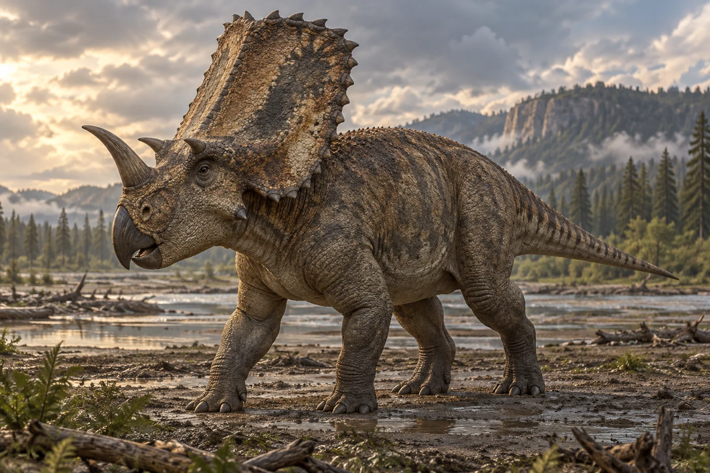 Illustrative reconstruction of Chasmosaurus with a long neck frill, nasal horn and four supporting legs.