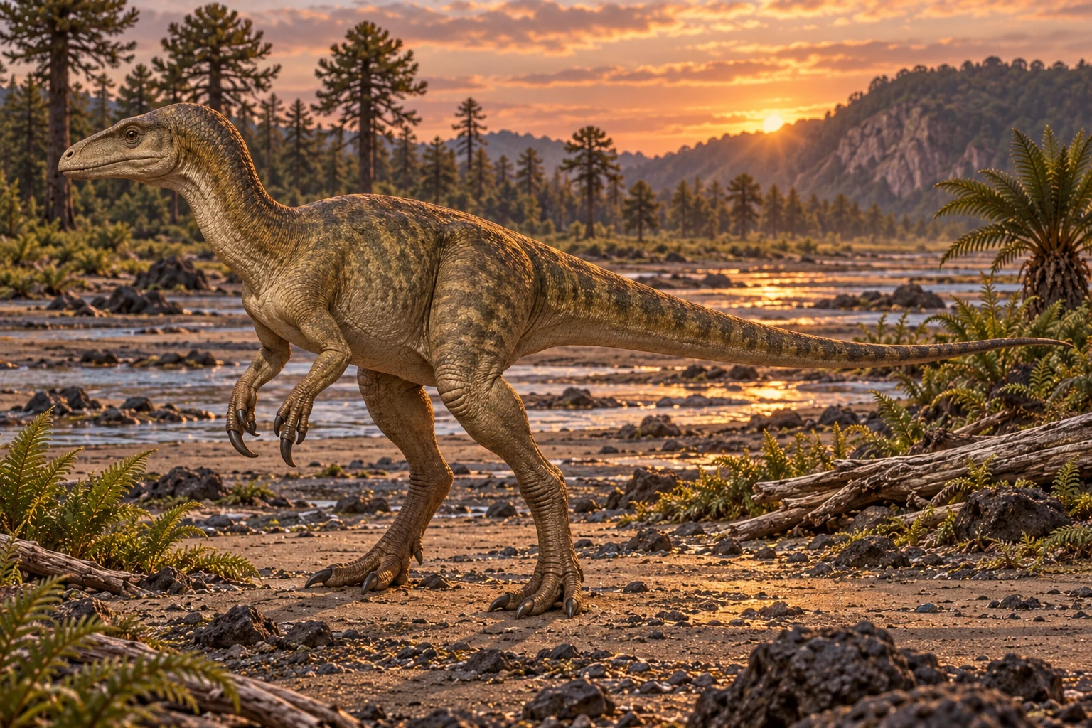 Illustrative reconstruction of Chilesaurus diegosuarezi; missing anatomy, pose, skin and colors are hypotheses.
