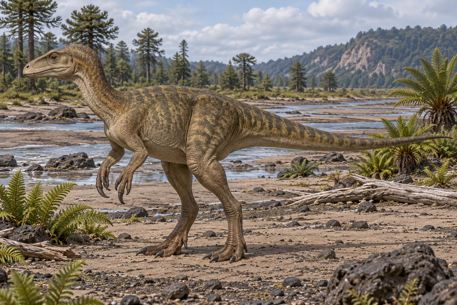 Illustrative life reconstruction of Chilesaurus in a period-appropriate environment; coloration and missing anatomy are interpretations.