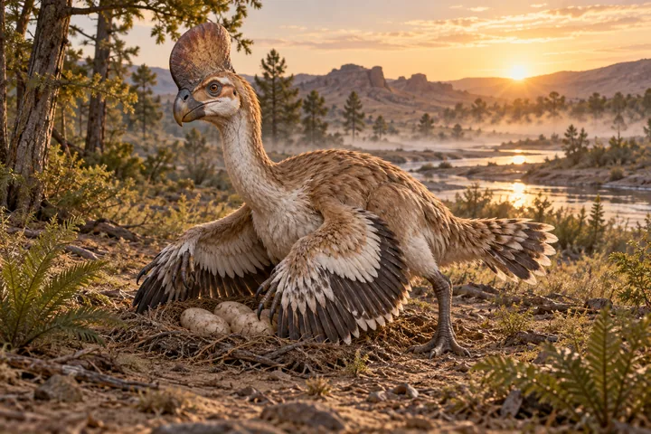 Full-body movie-style Citipati in a dramatic prehistoric landscape; Original artwork.
