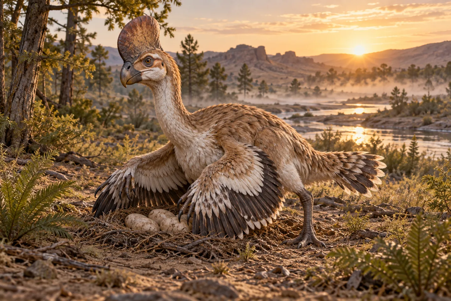 Original cinematic Citipati picture: Cinematic Citipati in a birdlike brooding pose, beaked crested head, plausible feathered arms spread over eggs; full body visible in warm Gobi light.