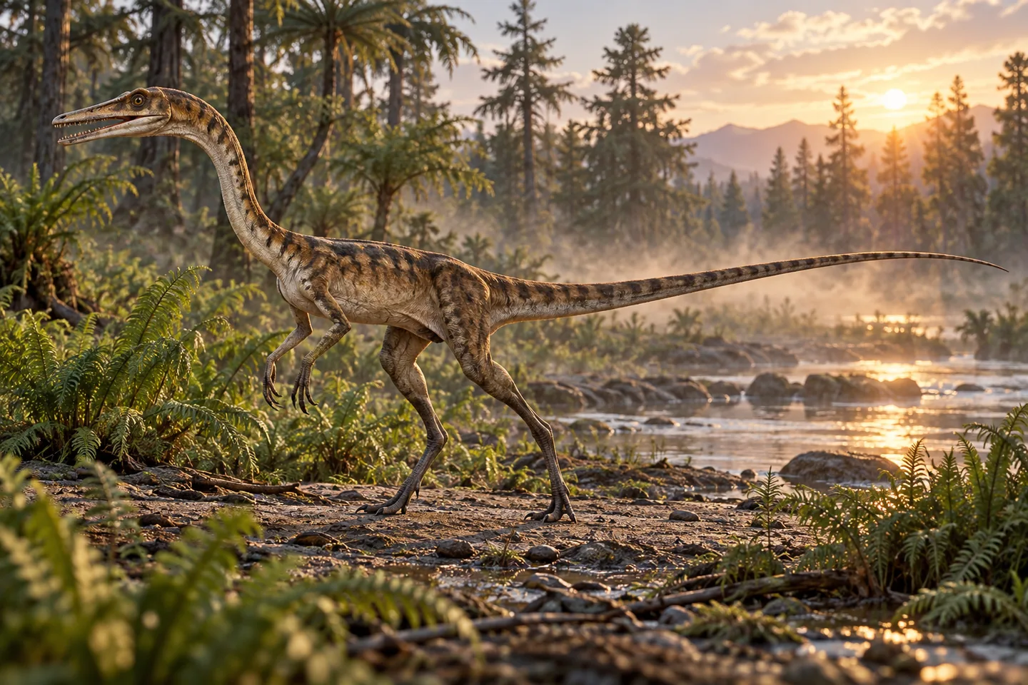 Original cinematic Coelophysis picture: Cinematic Coelophysis bauri with a slender bipedal frame, narrow predatory head and grasping hands; color and surface details remain artistic.