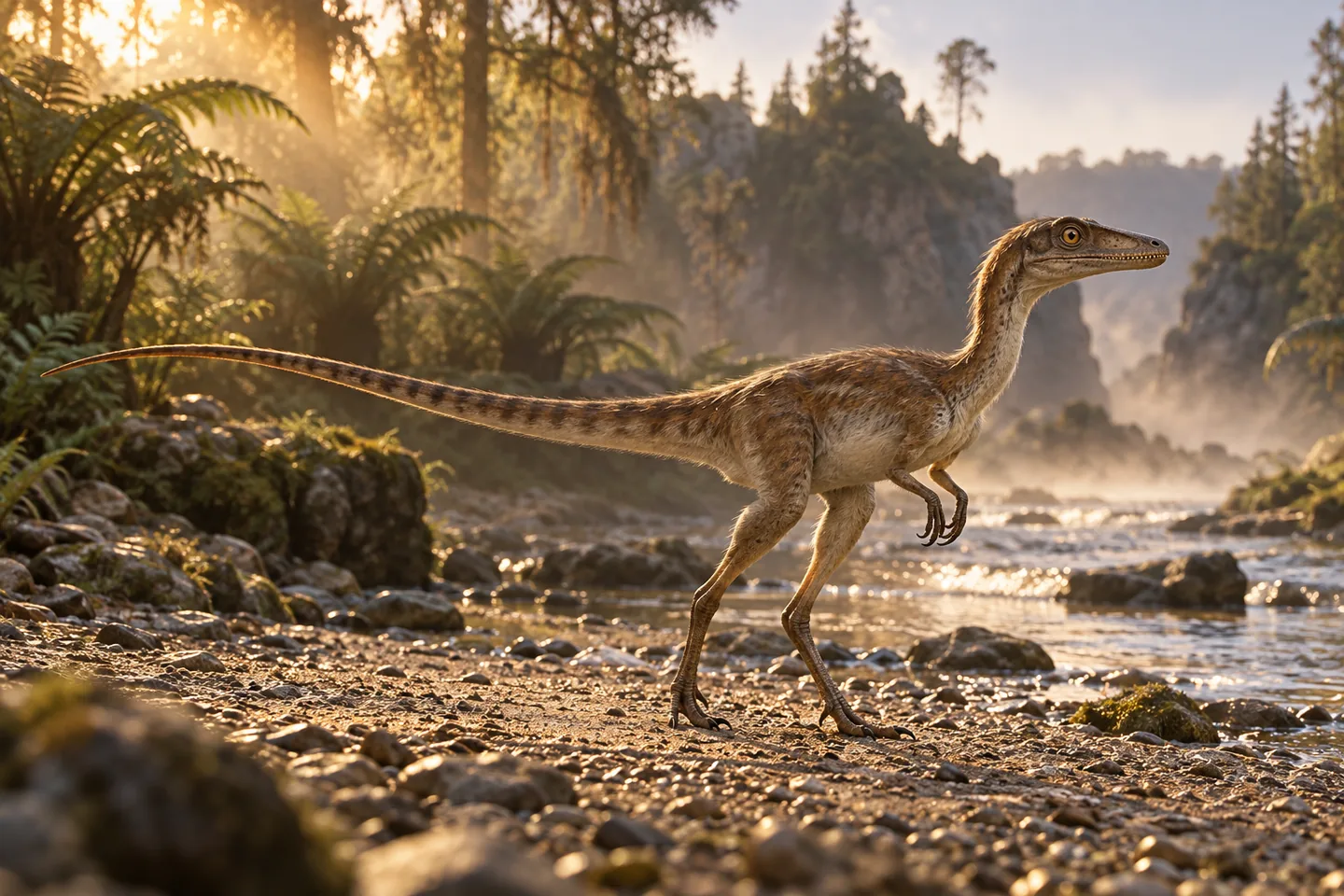Original cinematic Compsognathus picture: Cinematic Compsognathus, small slender predator with long tail, short clawed arms and plausible subtle inferred down; alert stance among Jurassic island plants.