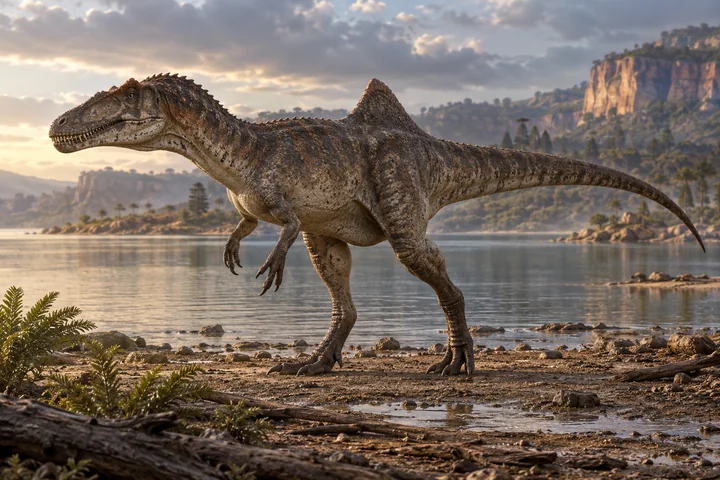 Illustrative reconstruction of Concavenator with a pointed hump over its hips; colors and soft-tissue details are interpretive.