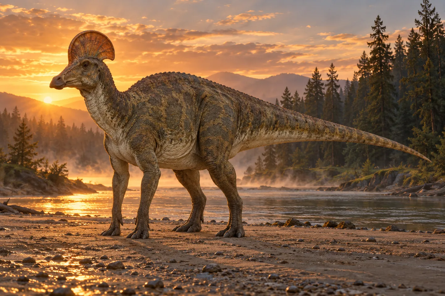 Original cinematic Corythosaurus picture: Cinematic duck-billed Corythosaurus with a crescent helmet crest and substantial hindlimbs; keep crest shape faithful, scaled texture restrained and colour speculative.