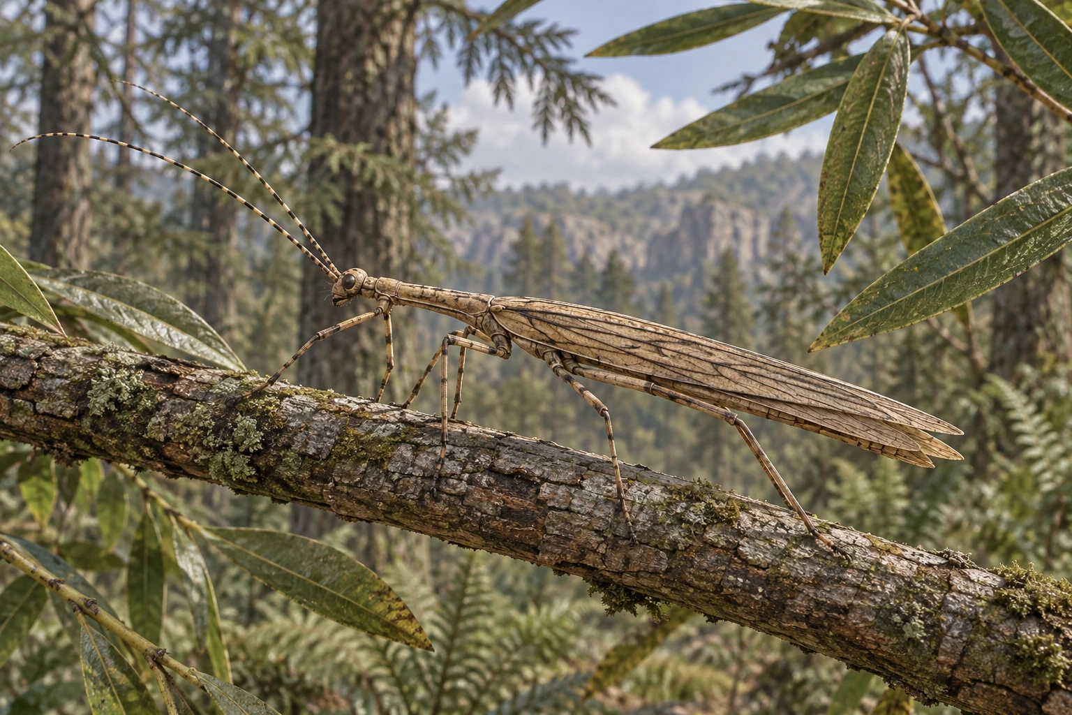 Illustrative life reconstruction of Cretophasmomima in a period-appropriate environment; coloration and missing anatomy are interpretations.