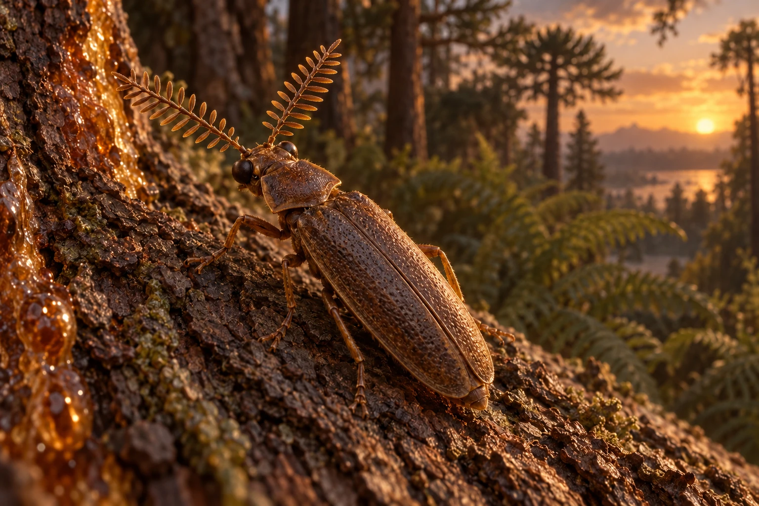 Illustrative living reconstruction of Cretophengodes; missing anatomy and exact colors remain uncertain.