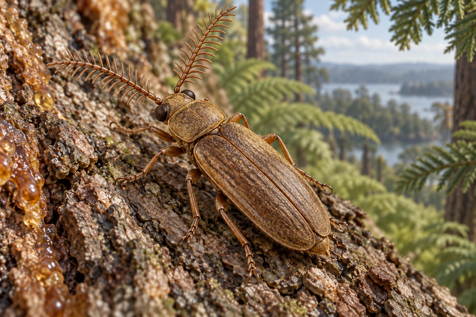 Illustrative life reconstruction of Cretophengodes in a period-appropriate environment; coloration and missing anatomy are interpretations.
