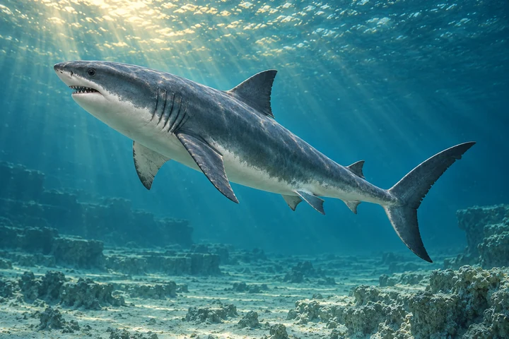 Illustrative life reconstruction of Cretoxyrhina in its interpreted aquatic environment.
