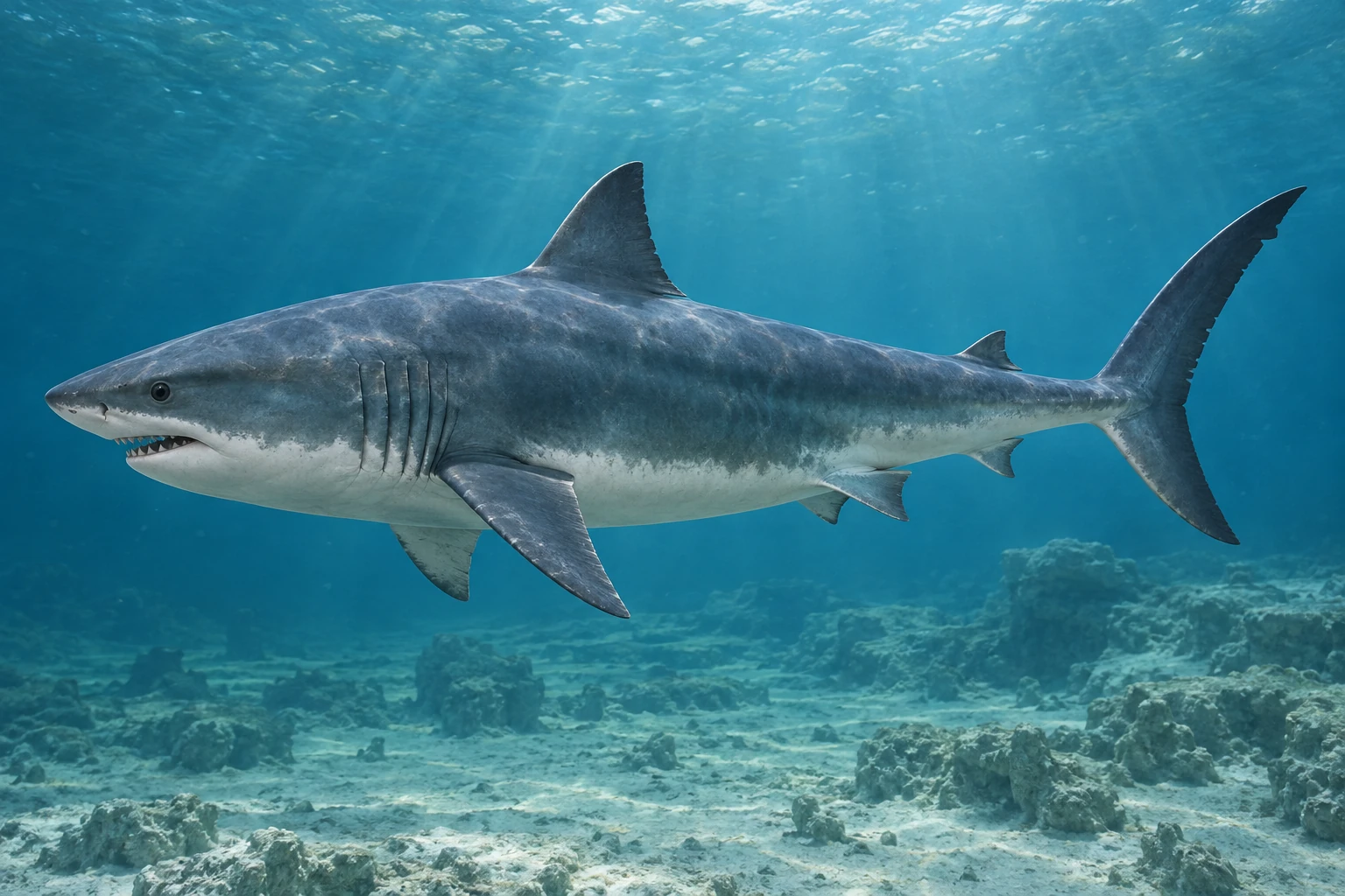 Illustrative life reconstruction of Cretoxyrhina in a period-appropriate environment; coloration and missing anatomy are interpretations.