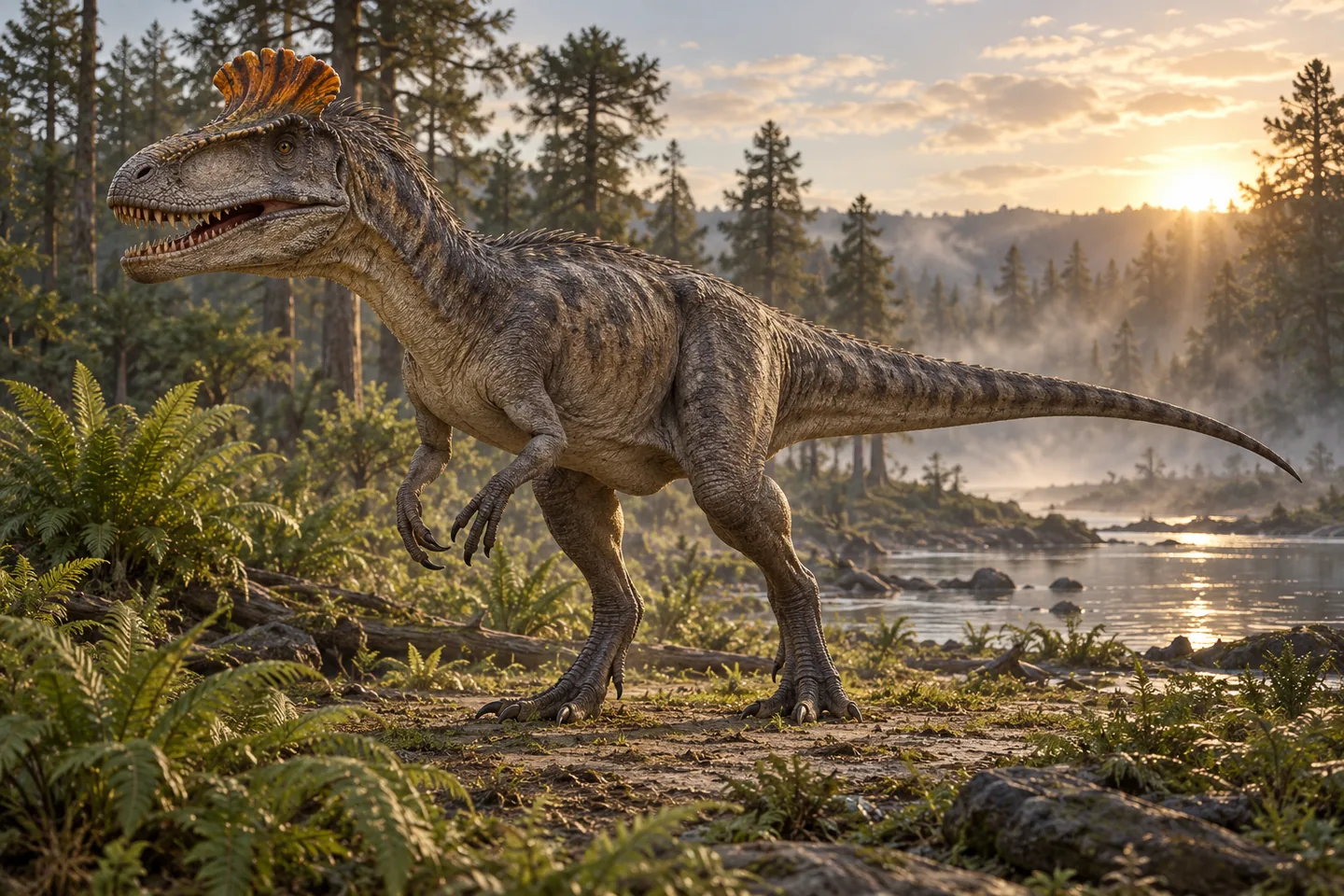 Original cinematic Cryolophosaurus picture: Cinematic Cryolophosaurus ellioti with a curved transverse head crest and balanced theropod body; reconstruct the incomplete snout and use artistic colors.