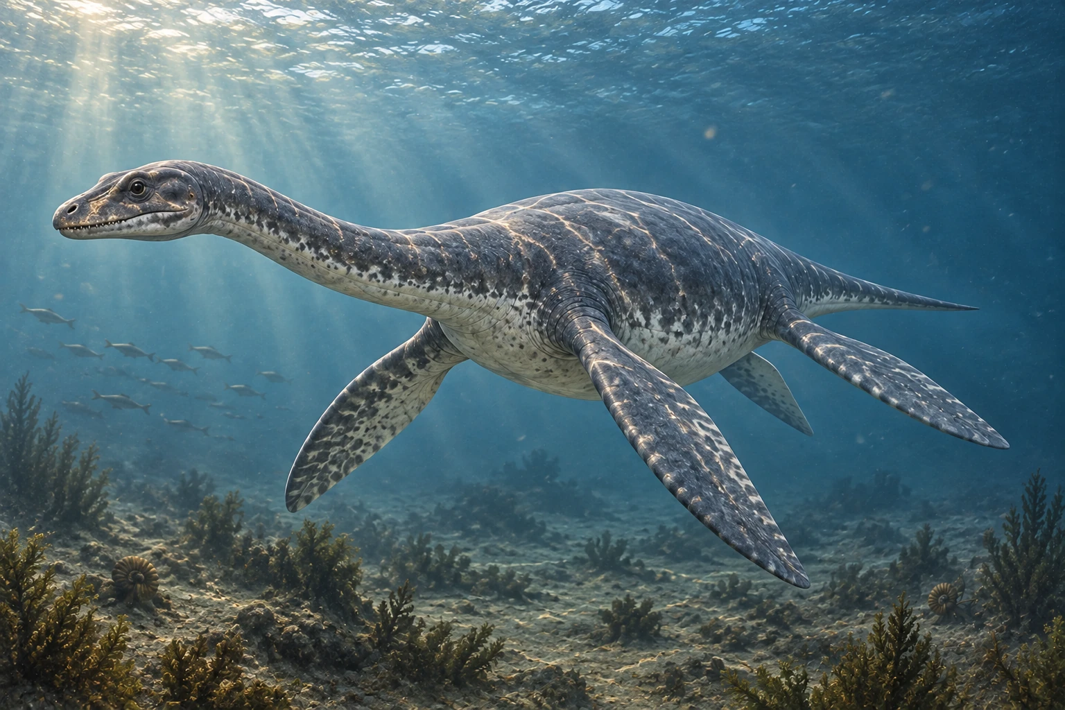 Illustrative life reconstruction of Cryptoclidus in its interpreted aquatic environment.